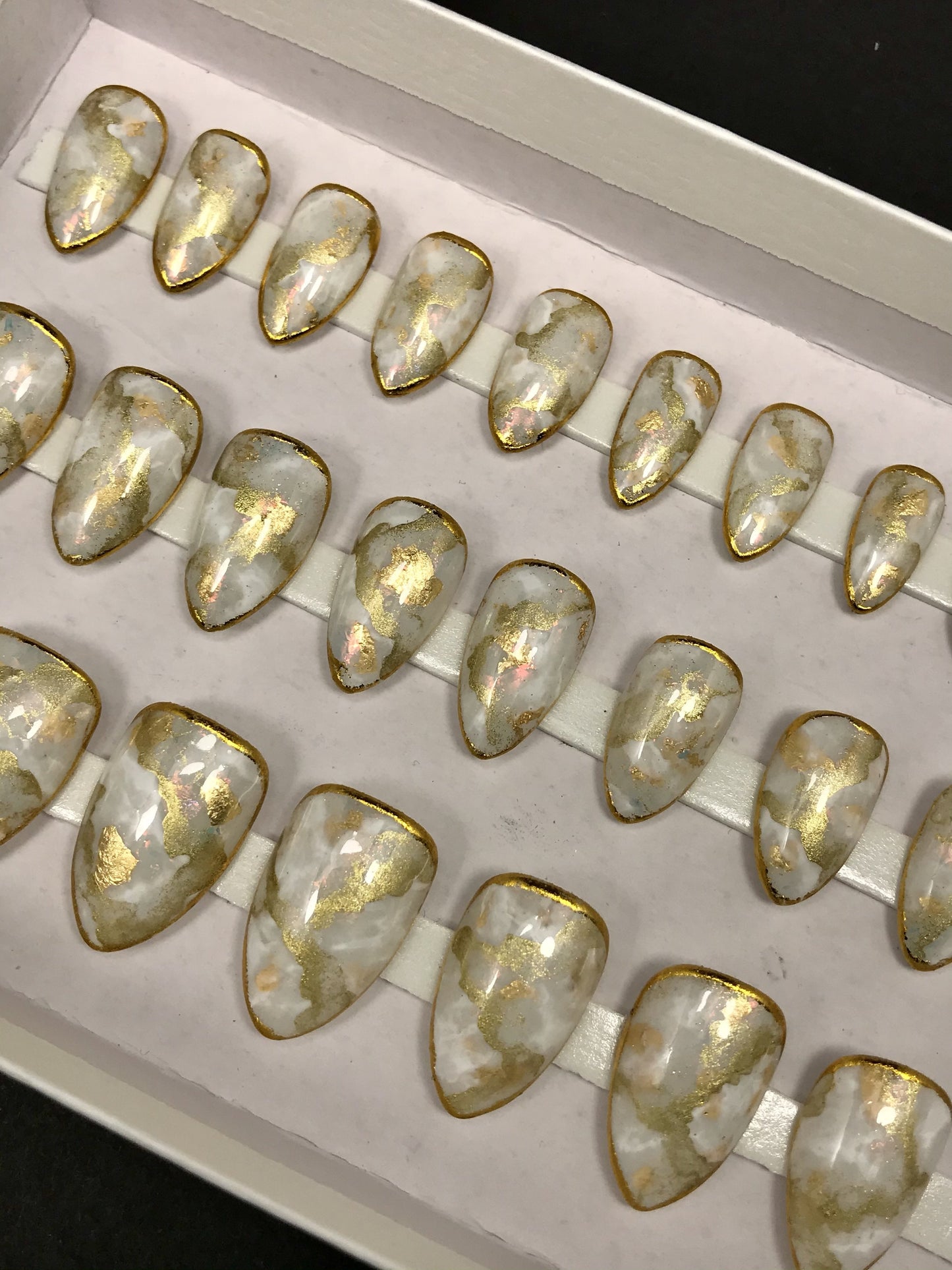 White Opal Marble Press On Nails with Gold Foil (RTS)