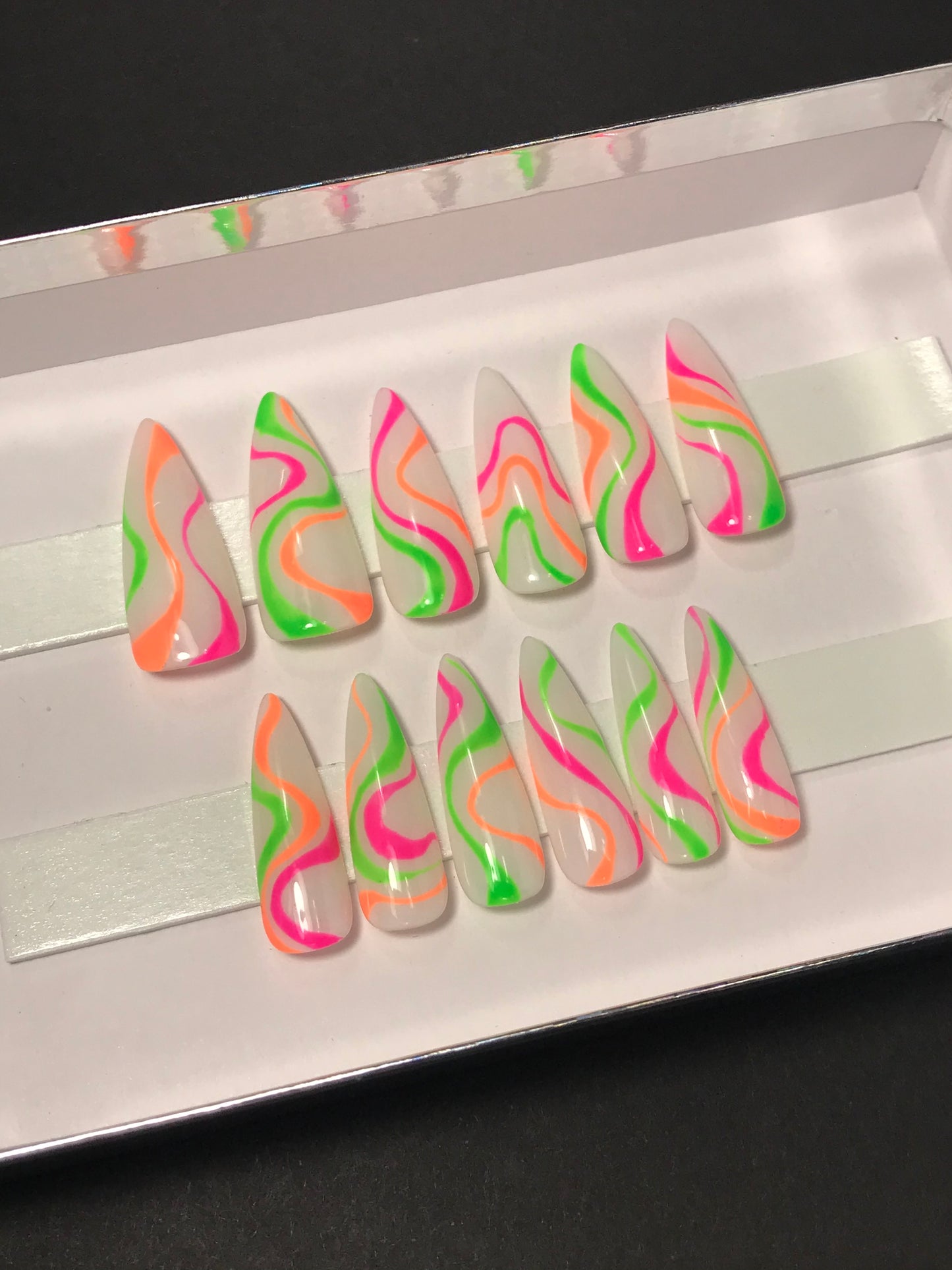 Neon orange, pink, green swirl nails (RTS)