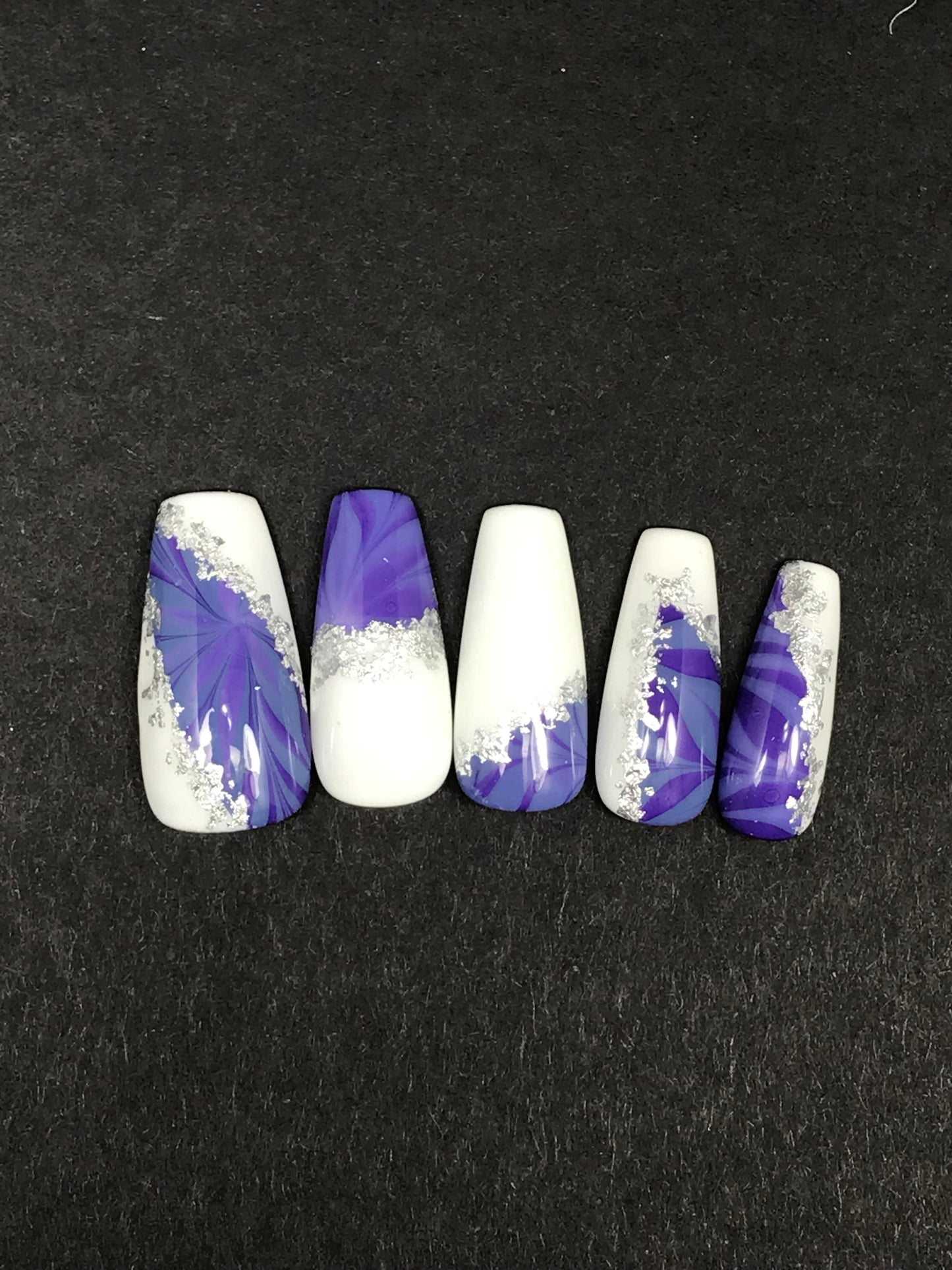 purple water marble press on nails coffin shape